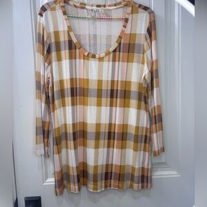 Cato Plaid Scoop Neck Long Sleeve Top - Mustard, Pink, Brown